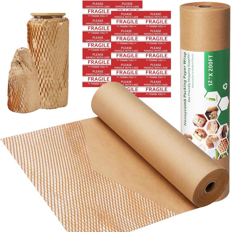 liirro Honeycomb Packing Paper Wrap 12"x200' Recycled Bubble Cushioning Wrap Roll Eco Friendly Shipping Boxes Moving Wrap Packing Supplies Material with 20 Fragile Sticker Labels - Image 1